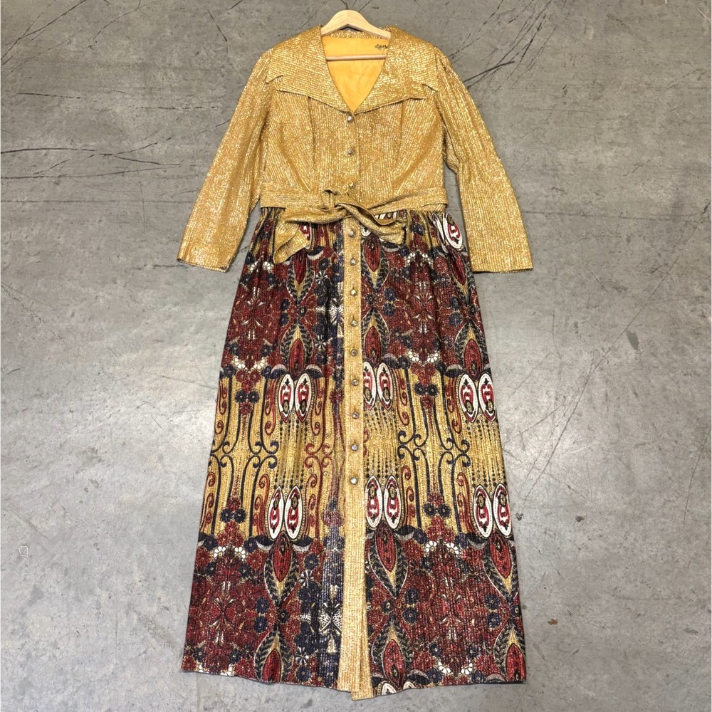 Vintage 1960s Metallic Gold Rhinestone Dress Women's Paisley Psychedlic Belted